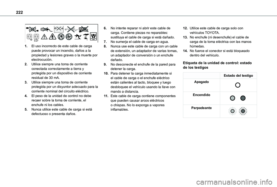 TOYOTA PROACE VERSO EV 2021 Manuale de Empleo (in Spanish) 222
1.El uso incorrecto de este cable de carga puede provocar un incendio, daños a la propiedad y lesiones graves o la muerte por electrocución.
2.Utilice siempre una toma de corriente conectada cor TOYOTA PROACE VERSO EV 2021 Manuale de Empleo (in Spanish) 222
1.El uso incorrecto de este cable de carga puede provocar un incendio, daños a la propiedad y lesiones graves o la muerte por electrocución.
2.Utilice siempre una toma de corriente conectada cor