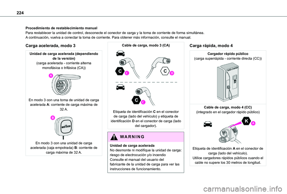 TOYOTA PROACE VERSO EV 2021 Manuale de Empleo (in Spanish) 224
Procedimiento de restablecimiento manualPara restablecer la unidad de control, desconecte el conector de carga y\
la toma de corriente de forma simultánea.A continuación, vuelva a conectar la t TOYOTA PROACE VERSO EV 2021 Manuale de Empleo (in Spanish) 224
Procedimiento de restablecimiento manualPara restablecer la unidad de control, desconecte el conector de carga y\
la toma de corriente de forma simultánea.A continuación, vuelva a conectar la t