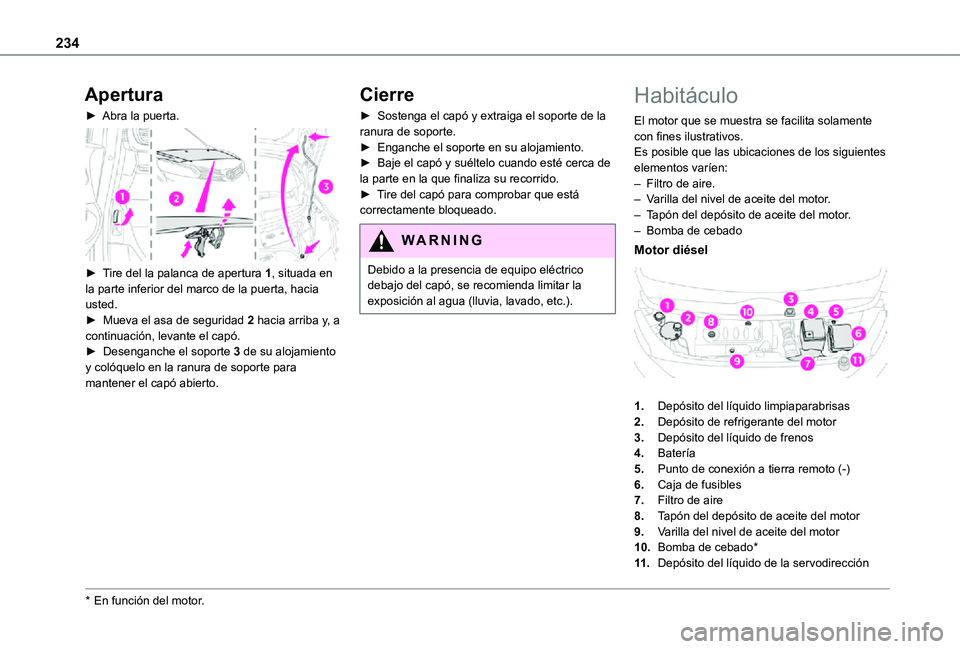 TOYOTA PROACE VERSO EV 2021 Manuale de Empleo (in Spanish) 234
Apertura
► Abra la puerta.
► Tire del la palanca de apertura 1, situada en la parte inferior del marco de la puerta, hacia usted.► Mueva el asa de seguridad 2 hacia arriba y, a continua TOYOTA PROACE VERSO EV 2021 Manuale de Empleo (in Spanish) 234
Apertura
► Abra la puerta.
► Tire del la palanca de apertura 1, situada en la parte inferior del marco de la puerta, hacia usted.► Mueva el asa de seguridad 2 hacia arriba y, a continua