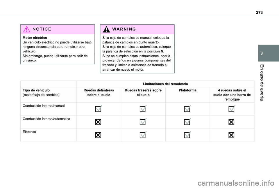 TOYOTA PROACE VERSO EV 2021  Manuale de Empleo (in Spanish) 273
En caso de avería
8
NOTIC E
Motor eléctricoUn vehículo eléctrico no puede utilizarse bajo ninguna circunstancia para remolcar otro vehículo.Sin embargo, puede utilizarse para salir de un surc