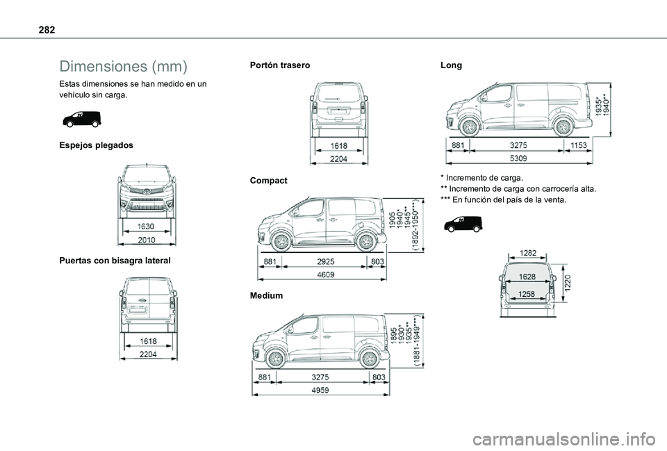 TOYOTA PROACE VERSO EV 2021 Manuale de Empleo (in Spanish) 282
Dimensiones (mm)
Estas dimensiones se han medido en un vehículo sin carga.
Espejos plegados
Puertas con bisagra lateral
Portón trasero
Compact
Medium
Long
* Incremento de ca TOYOTA PROACE VERSO EV 2021 Manuale de Empleo (in Spanish) 282
Dimensiones (mm)
Estas dimensiones se han medido en un vehículo sin carga.
Espejos plegados
Puertas con bisagra lateral
Portón trasero
Compact
Medium
Long
* Incremento de ca