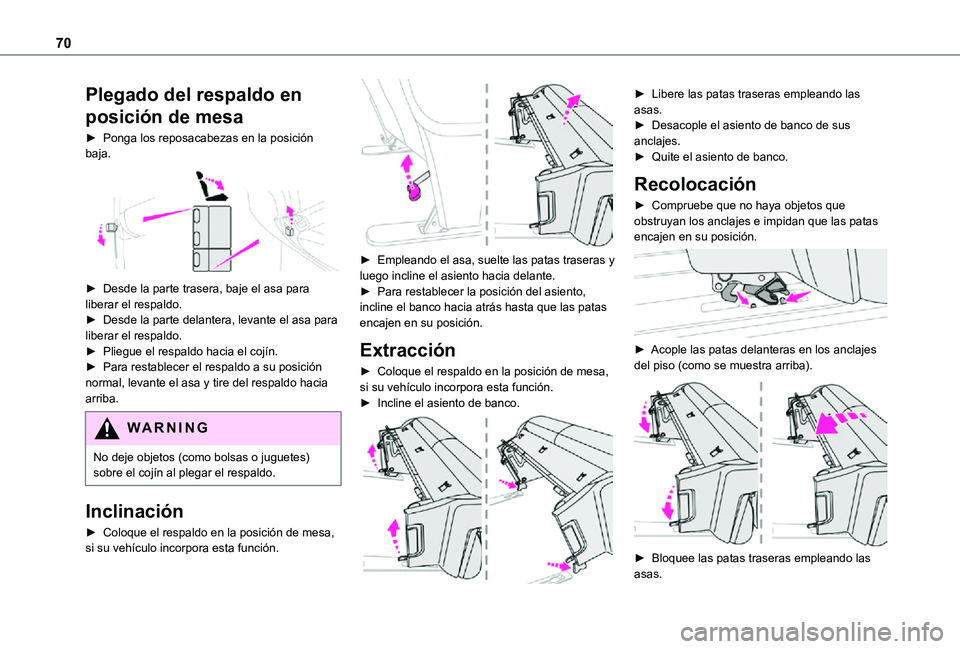 TOYOTA PROACE VERSO EV 2021  Manuale de Empleo (in Spanish) 70
Plegado del respaldo en 
posición de mesa
► Ponga los reposacabezas en la posición baja. 
 
► Desde la parte trasera, baje el asa para liberar el respaldo.► Desde la parte delantera, levant