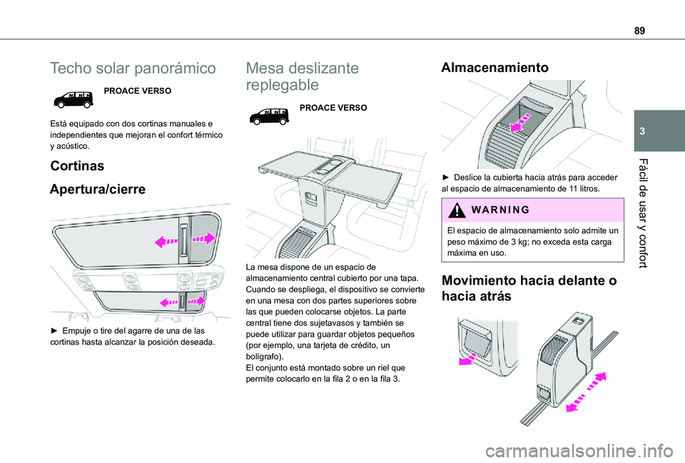 TOYOTA PROACE VERSO EV 2021 Manuale de Empleo (in Spanish) 89
Fácil de usar y confort
3
Techo solar panorámico
PROACE VERSO
Está equipado con dos cortinas manuales e independientes que mejoran el confort térmico y acústico.
Cortinas
Apertura/cierre
â– TOYOTA PROACE VERSO EV 2021 Manuale de Empleo (in Spanish) 89
Fácil de usar y confort
3
Techo solar panorámico
PROACE VERSO
Está equipado con dos cortinas manuales e independientes que mejoran el confort térmico y acústico.
Cortinas
Apertura/cierre
â–