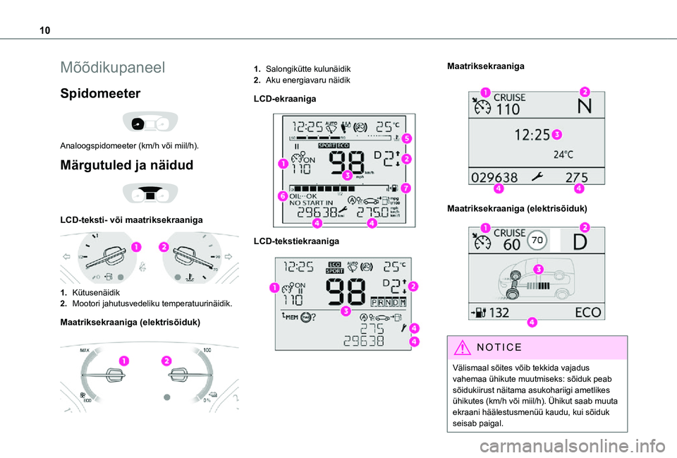 TOYOTA PROACE VERSO EV 2021 Kasutusjuhend (in Estonian) 10
Mõõdikupaneel
Spidomeeter
Analoogspidomeeter (km/h või miil/h).
Märgutuled ja näidud
LCD-teksti- või maatriksekraaniga
1.Kütusenäidik
2.Mootori jahutusvedeliku temperatuurinäidik. TOYOTA PROACE VERSO EV 2021 Kasutusjuhend (in Estonian) 10
Mõõdikupaneel
Spidomeeter
Analoogspidomeeter (km/h või miil/h).
Märgutuled ja näidud
LCD-teksti- või maatriksekraaniga
1.Kütusenäidik
2.Mootori jahutusvedeliku temperatuurinäidik.