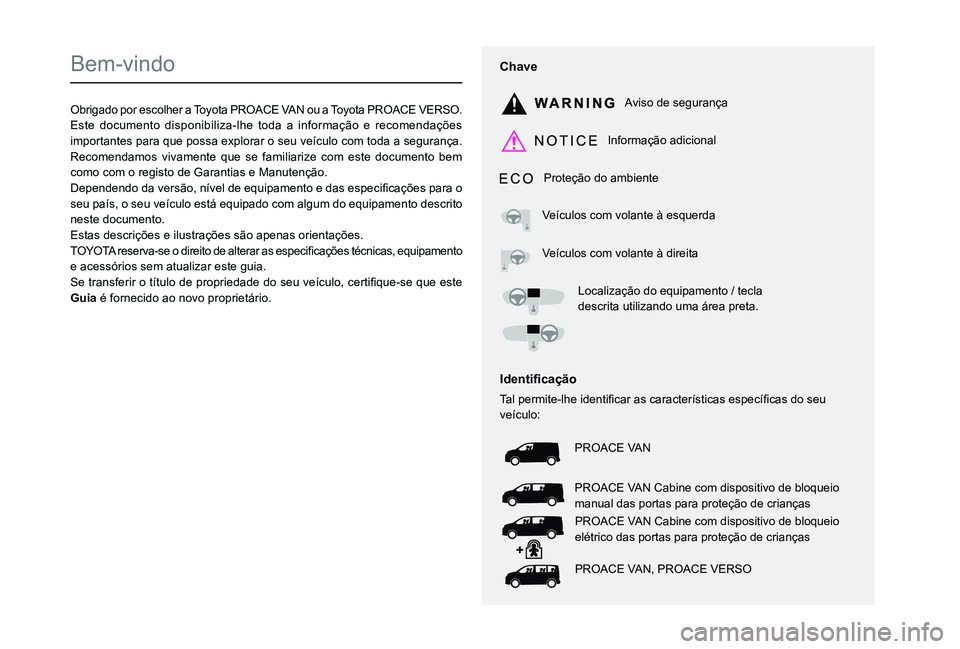 TOYOTA PROACE VERSO EV 2021  Manual de utilização (in Portuguese)  
  
 
  
 
  
  
  
  
   
   
 
  
   
   
   
Bem-vindo
Obrigado por escolher a Toyota PROACE VAN ou a Toyota PROACE VERSO.Este documento disponibiliza-lhe toda a informação e recomendações imp
