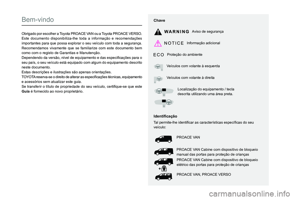 TOYOTA PROACE VERSO EV 2021 Manual de utilização (in Portuguese)
Bem-vindo
Obrigado por escolher a Toyota PROACE VAN ou a Toyota PROACE VERSO.Este documento disponibiliza-lhe toda a informação e recomendações imp TOYOTA PROACE VERSO EV 2021 Manual de utilização (in Portuguese)
Bem-vindo
Obrigado por escolher a Toyota PROACE VAN ou a Toyota PROACE VERSO.Este documento disponibiliza-lhe toda a informação e recomendações imp