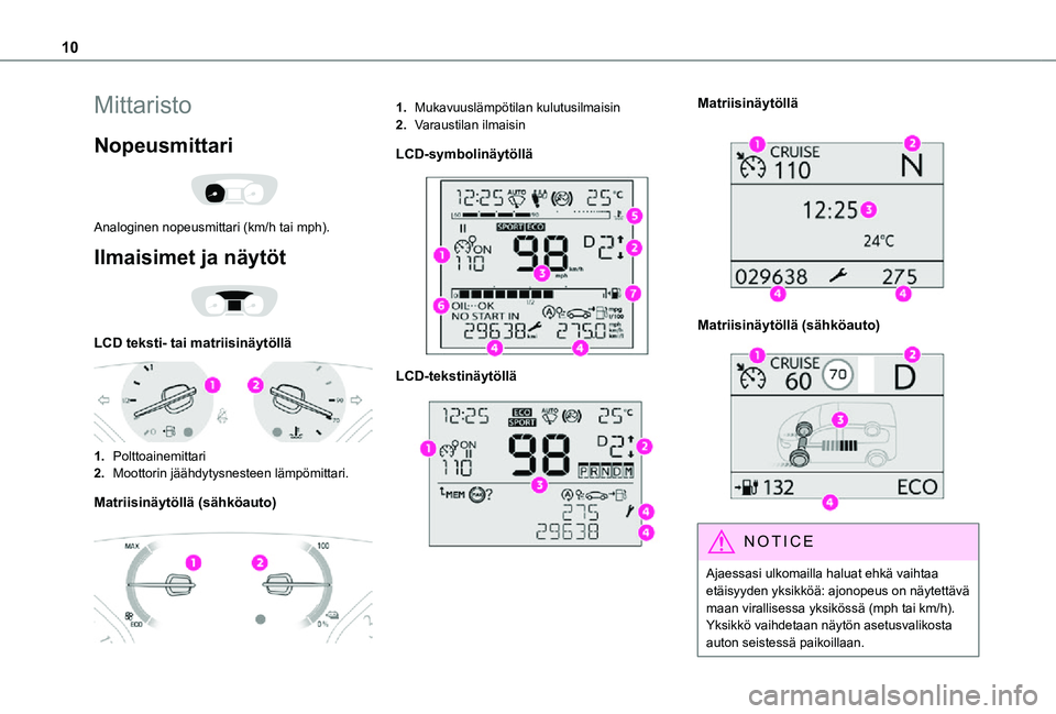 TOYOTA PROACE VERSO EV 2021 Omistajan Käsikirja (in Finnish) 10
Mittaristo
Nopeusmittari
Analoginen nopeusmittari (km/h tai mph).
Ilmaisimet ja näytöt
LCD teksti- tai matriisinäytöllä
1.Polttoainemittari
2.Moottorin jäähdytysnesteen lämpömitta TOYOTA PROACE VERSO EV 2021 Omistajan Käsikirja (in Finnish) 10
Mittaristo
Nopeusmittari
Analoginen nopeusmittari (km/h tai mph).
Ilmaisimet ja näytöt
LCD teksti- tai matriisinäytöllä
1.Polttoainemittari
2.Moottorin jäähdytysnesteen lämpömitta