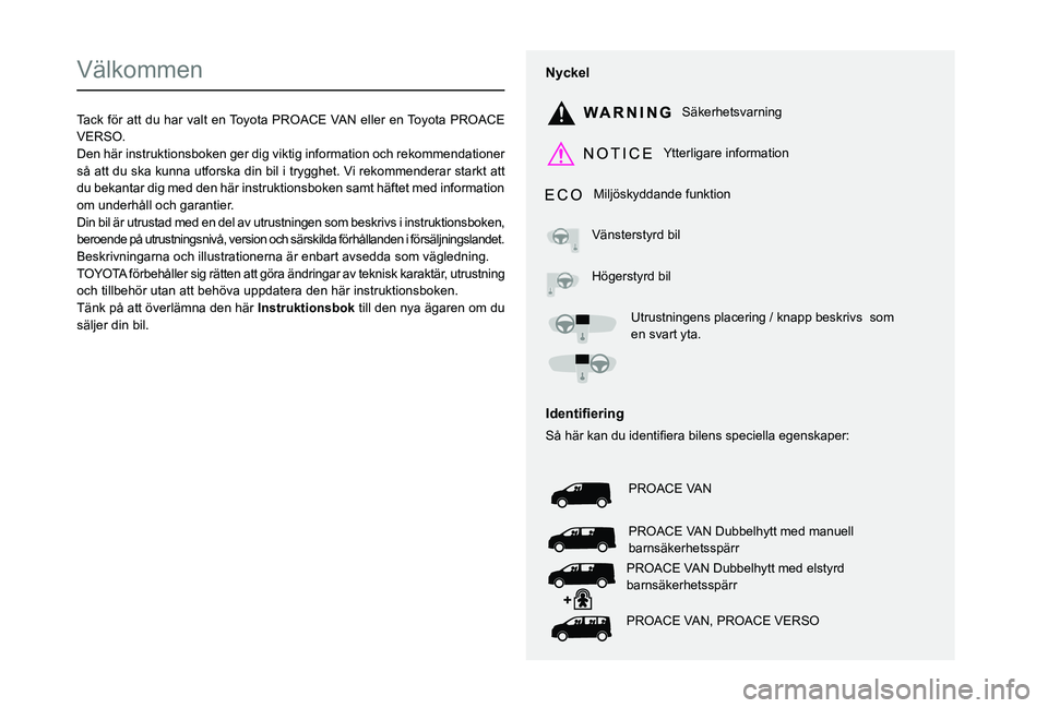 TOYOTA PROACE VERSO EV 2021  Bruksanvisningar (in Swedish)  
  
 
  
 
  
  
  
  
   
   
 
  
   
   
   
Välkommen
Tack för att du har valt en Toyota PROACE VAN eller en Toyota PROACE VERSO.Den här instruktionsboken ger dig viktig information och rekomm