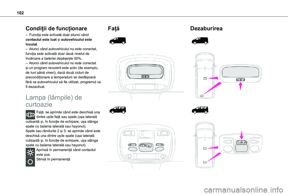 TOYOTA PROACE VERSO EV 2021 Manual de utilizare (in Romanian) 102
Condiții de funcționare
– Funcția este activată doar atunci când contactul este luat și autovehiculul este încuiat.– Atunci când autovehiculul nu este conectat, funcția este activată TOYOTA PROACE VERSO EV 2021 Manual de utilizare (in Romanian) 102
Condiții de funcționare
– Funcția este activată doar atunci când contactul este luat și autovehiculul este încuiat.– Atunci când autovehiculul nu este conectat, funcția este activată