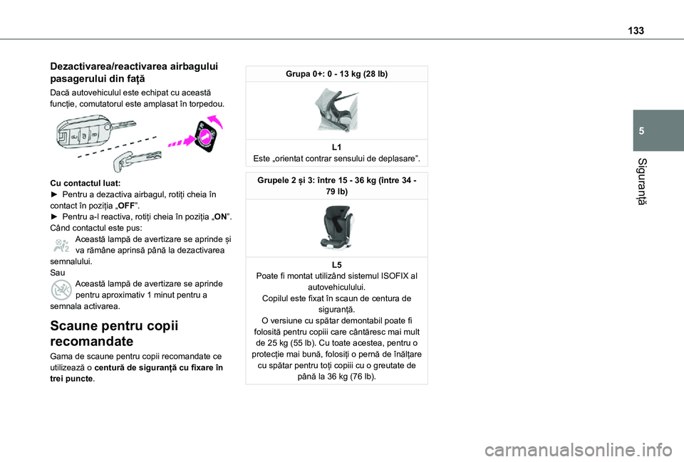 TOYOTA PROACE VERSO EV 2021 Manual de utilizare (in Romanian) 133
Siguranță
5
Dezactivarea/reactivarea airbagului
pasagerului din față
Dacă autovehiculul este echipat cu această funcție, comutatorul este amplasat în torpedou.
Cu contactul luat:► Pe TOYOTA PROACE VERSO EV 2021 Manual de utilizare (in Romanian) 133
Siguranță
5
Dezactivarea/reactivarea airbagului
pasagerului din față
Dacă autovehiculul este echipat cu această funcție, comutatorul este amplasat în torpedou.
Cu contactul luat:► Pe