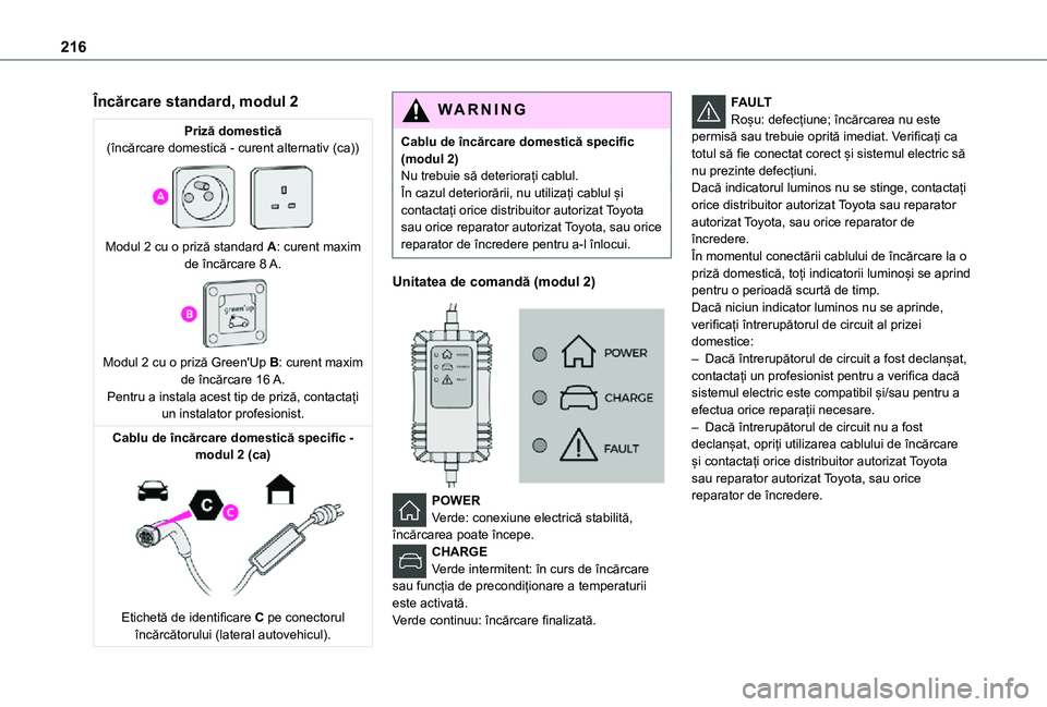 TOYOTA PROACE VERSO EV 2021 Manual de utilizare (in Romanian) 216
Încărcare standard, modul 2
Priză domestică(încărcare domestică - curent alternativ (ca))
Modul 2 cu o priză standard A: curent maxim de încărcare 8 A.
Modul 2 cu o priză Green TOYOTA PROACE VERSO EV 2021 Manual de utilizare (in Romanian) 216
Încărcare standard, modul 2
Priză domestică(încărcare domestică - curent alternativ (ca))
Modul 2 cu o priză standard A: curent maxim de încărcare 8 A.
Modul 2 cu o priză Green