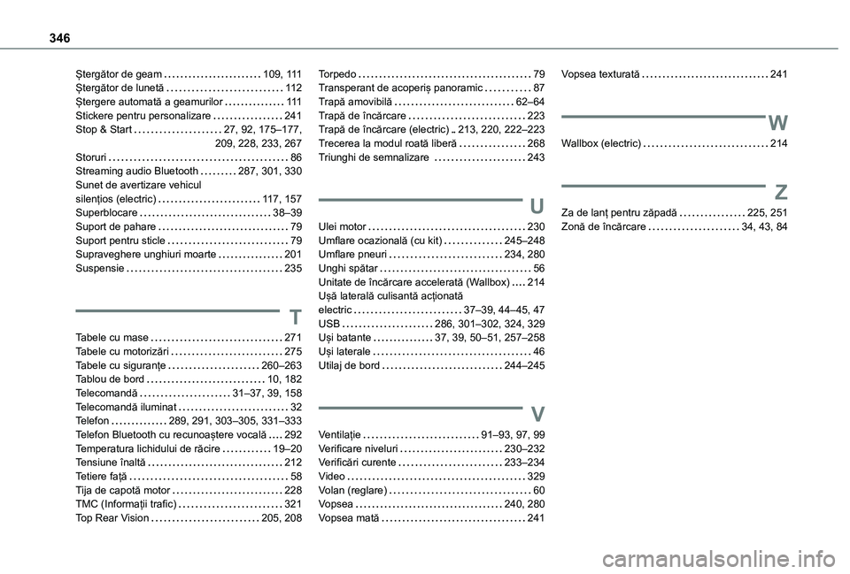 TOYOTA PROACE VERSO EV 2021 Manual de utilizare (in Romanian) 346
Ștergător de geam 109, 111Ștergător de lunetă 11 2Ștergere automată a geamurilor 111Stickere pentru personalizare 241Stop & Start 27, 92, 175–177, 209, 228, 233, 267Storuri 8 TOYOTA PROACE VERSO EV 2021 Manual de utilizare (in Romanian) 346
Ștergător de geam 109, 111Ștergător de lunetă 11 2Ștergere automată a geamurilor 111Stickere pentru personalizare 241Stop & Start 27, 92, 175–177, 209, 228, 233, 267Storuri 8