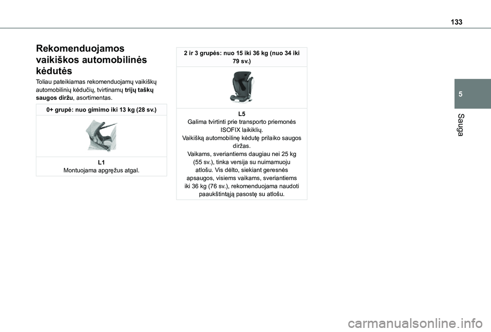TOYOTA PROACE VERSO EV 2021 Eksploatavimo vadovas (in Lithuanian) 133
Sauga
5
Rekomenduojamos
vaikiškos automobilinės
kėdutės
Toliau pateikiamas rekomenduojamų vaikiškų automobilinių kėdučių, tvirtinamų trijų taškų saugos diržu, asortimentas.
0+ gr TOYOTA PROACE VERSO EV 2021 Eksploatavimo vadovas (in Lithuanian) 133
Sauga
5
Rekomenduojamos
vaikiškos automobilinės
kėdutės
Toliau pateikiamas rekomenduojamų vaikiškų automobilinių kėdučių, tvirtinamų trijų taškų saugos diržu, asortimentas.
0+ gr