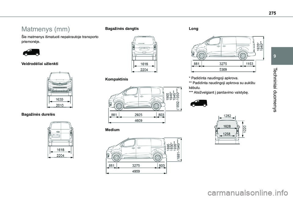 TOYOTA PROACE VERSO EV 2021  Eksploatavimo vadovas (in Lithuanian) 275
Techniniai duomenys
9
Matmenys (mm)
Šie matmenys išmatuoti nepakrautoje transporto priemonėje. 
 
Veidrodėliai užlenkti 
 
Bagažinės durelės 
 
Bagažinės dangtis 
 
Kompaktinis 
 
Medium TOYOTA PROACE VERSO EV 2021  Eksploatavimo vadovas (in Lithuanian) 275
Techniniai duomenys
9
Matmenys (mm)
Šie matmenys išmatuoti nepakrautoje transporto priemonėje. 
 
Veidrodėliai užlenkti 
 
Bagažinės durelės 
 
Bagažinės dangtis 
 
Kompaktinis 
 
Medium