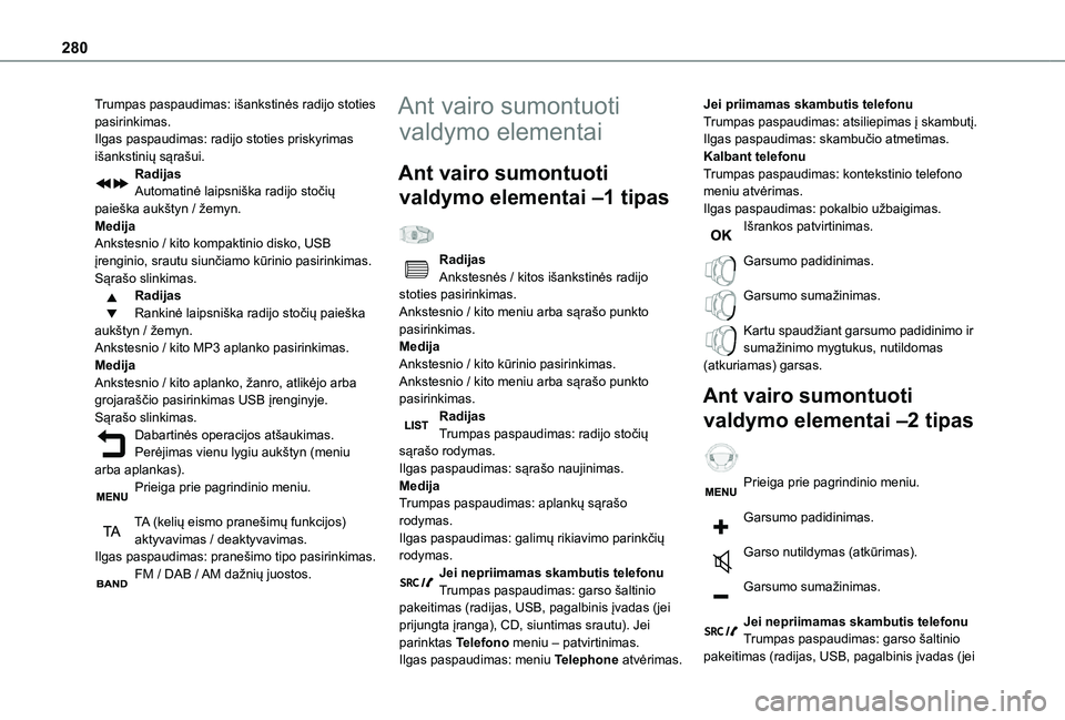 TOYOTA PROACE VERSO EV 2021  Eksploatavimo vadovas (in Lithuanian) 280
Trumpas paspaudimas: išankstinės radijo stoties pasirinkimas.Ilgas paspaudimas: radijo stoties priskyrimas išankstinių sąrašui.RadijasAutomatinė laipsniška radijo stočių paieška aukšty TOYOTA PROACE VERSO EV 2021  Eksploatavimo vadovas (in Lithuanian) 280
Trumpas paspaudimas: išankstinės radijo stoties pasirinkimas.Ilgas paspaudimas: radijo stoties priskyrimas išankstinių sąrašui.RadijasAutomatinė laipsniška radijo stočių paieška aukšty