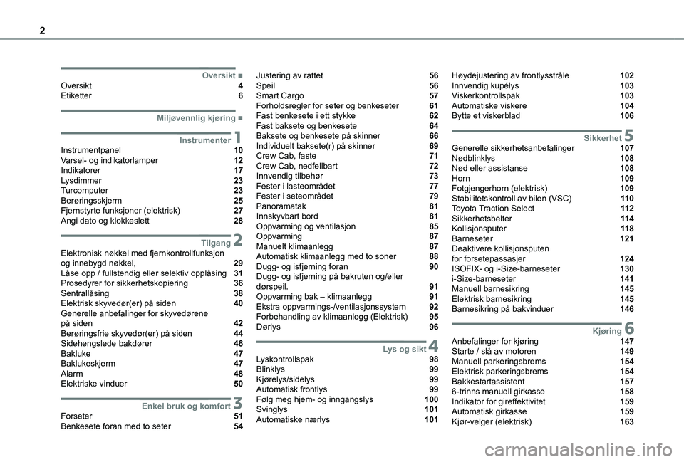 TOYOTA PROACE VERSO EV 2021 Instruksjoner for bruk (in Norwegian) 2
■OversiktOversikt 4Etiketter 6
■Miljøvennlig kjøring
1InstrumenterInstrumentpanel 10Varsel- og indikatorlamper 12Indikatorer 17Lysdimmer 23Turcomputer 23Berøri TOYOTA PROACE VERSO EV 2021 Instruksjoner for bruk (in Norwegian) 2
■OversiktOversikt 4Etiketter 6
■Miljøvennlig kjøring
1InstrumenterInstrumentpanel 10Varsel- og indikatorlamper 12Indikatorer 17Lysdimmer 23Turcomputer 23Berøri