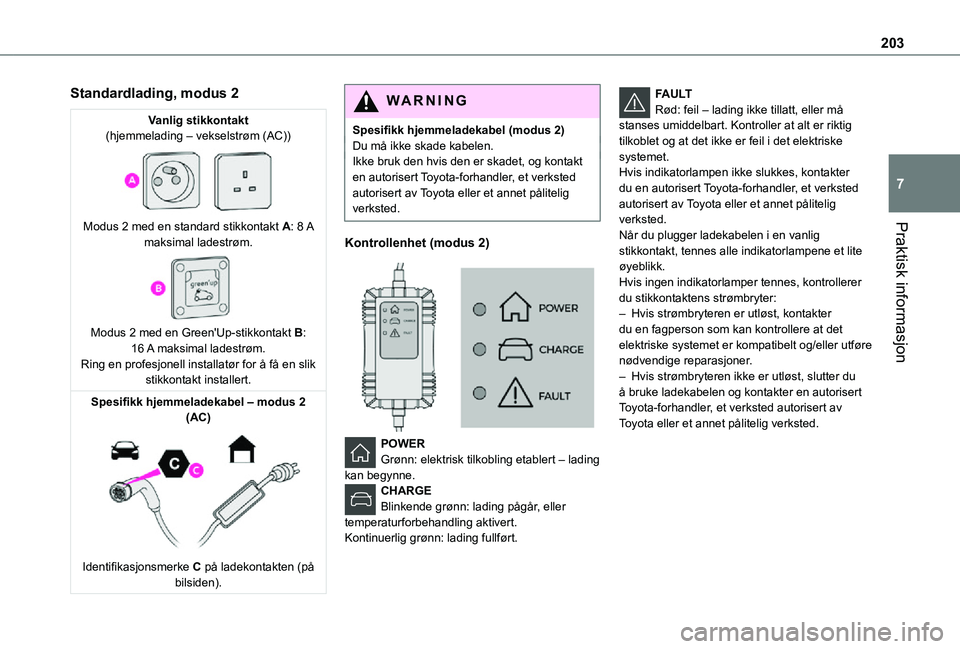 TOYOTA PROACE VERSO EV 2021 Instruksjoner for bruk (in Norwegian) 203
Praktisk informasjon
7
Standardlading, modus 2
Vanlig stikkontakt(hjemmelading – vekselstrøm (AC))
Modus 2 med en standard stikkontakt A: 8 A maksimal ladestrøm.
Modus 2 med en Green TOYOTA PROACE VERSO EV 2021 Instruksjoner for bruk (in Norwegian) 203
Praktisk informasjon
7
Standardlading, modus 2
Vanlig stikkontakt(hjemmelading – vekselstrøm (AC))
Modus 2 med en standard stikkontakt A: 8 A maksimal ladestrøm.
Modus 2 med en Green