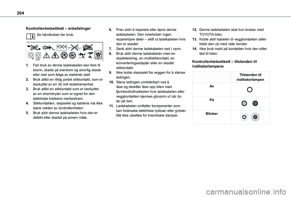 TOYOTA PROACE VERSO EV 2021 Instruksjoner for bruk (in Norwegian) 204
Kontrollenhetsetikett – anbefalinger
Se håndboken før bruk.
1.Feil bruk av denne ladekabelen kan føre til brann, skade på eiendom og alvorlig skade eller død som følge av elektrisk støt! TOYOTA PROACE VERSO EV 2021 Instruksjoner for bruk (in Norwegian) 204
Kontrollenhetsetikett – anbefalinger
Se håndboken før bruk.
1.Feil bruk av denne ladekabelen kan føre til brann, skade på eiendom og alvorlig skade eller død som følge av elektrisk støt!