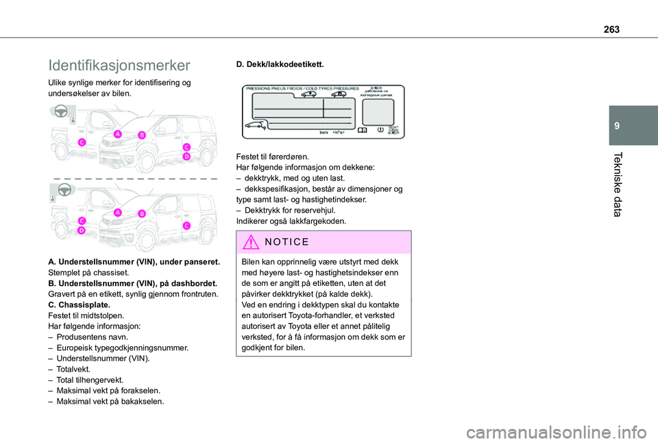 TOYOTA PROACE VERSO EV 2021 Instruksjoner for bruk (in Norwegian) 263
Tekniske data
9
Identifikasjonsmerker
Ulike synlige merker for identifisering og undersøkelser av bilen.
A. Understellsnummer (VIN), under panseret.Stemplet på chassiset.B. Understellsnummer TOYOTA PROACE VERSO EV 2021 Instruksjoner for bruk (in Norwegian) 263
Tekniske data
9
Identifikasjonsmerker
Ulike synlige merker for identifisering og undersøkelser av bilen.
A. Understellsnummer (VIN), under panseret.Stemplet på chassiset.B. Understellsnummer
