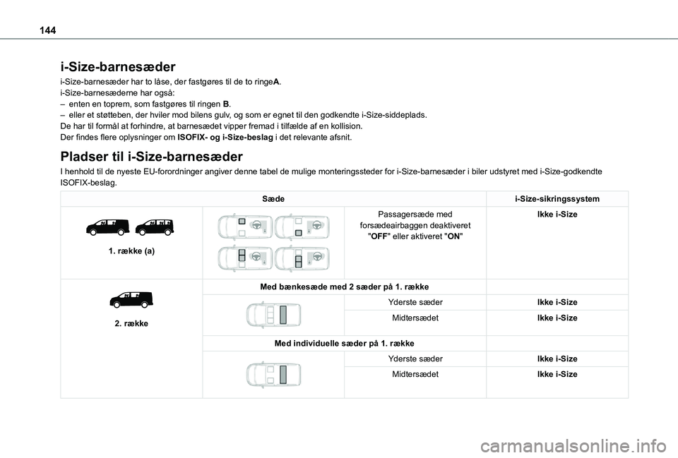 TOYOTA PROACE VERSO EV 2021 Brugsanvisning (in Danish) 144
i-Size-barnesæder
i-Size-barnesæder har to låse, der fastgøres til de to ringeA.i-Size-barnesæderne har også:– enten en toprem, som fastgøres til ringen B.– eller et støtteben, der hvi TOYOTA PROACE VERSO EV 2021 Brugsanvisning (in Danish) 144
i-Size-barnesæder
i-Size-barnesæder har to låse, der fastgøres til de to ringeA.i-Size-barnesæderne har også:– enten en toprem, som fastgøres til ringen B.– eller et støtteben, der hvi