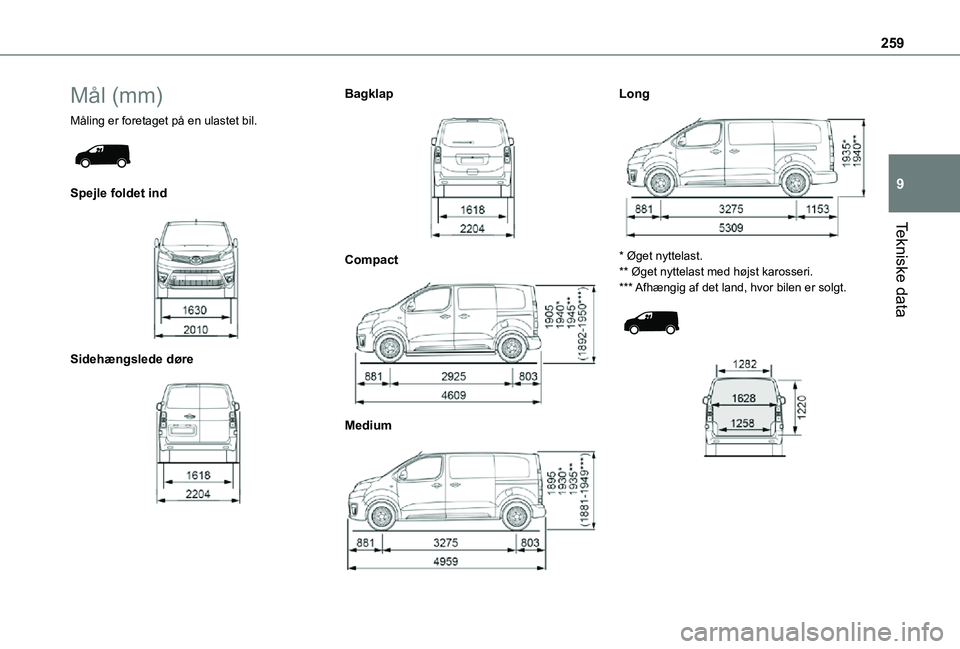 TOYOTA PROACE VERSO EV 2021  Brugsanvisning (in Danish) 259
Tekniske data
9
Mål (mm)
Måling er foretaget på en ulastet bil. 
 
Spejle foldet ind 
 
Sidehængslede døre 
 
Bagklap 
 
Compact 
 
Medium 
 
Long 
 
* Øget nyttelast.** Øget nyttelast med 