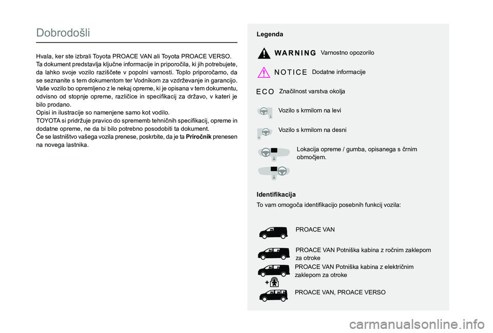 TOYOTA PROACE VERSO EV 2021  Navodila Za Uporabo (in Slovenian)  
  
 
  
 
  
  
  
  
   
   
 
  
   
   
   
Dobrodošli
Hvala, ker ste izbrali Toyota PROACE VAN ali Toyota PROACE VERSO.0037004700440003005600480003Vaše vozilo bo opremljeno z le nekaj opreme, 