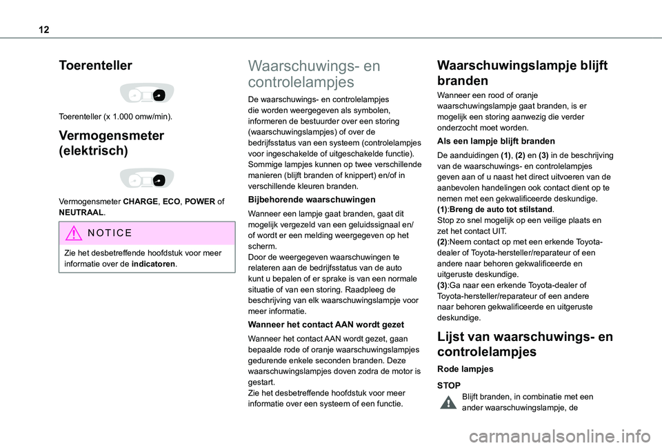 TOYOTA PROACE VERSO EV 2021 Instructieboekje (in Dutch) 12
Toerenteller
Toerenteller (x 1.000 omw/min).
Vermogensmeter
(elektrisch)
Vermogensmeter CHARGE, ECO, POWER of NEUTRAAL.
NOTIC E
Zie het desbetreffende hoofdstuk voor meer informatie over de TOYOTA PROACE VERSO EV 2021 Instructieboekje (in Dutch) 12
Toerenteller
Toerenteller (x 1.000 omw/min).
Vermogensmeter
(elektrisch)
Vermogensmeter CHARGE, ECO, POWER of NEUTRAAL.
NOTIC E
Zie het desbetreffende hoofdstuk voor meer informatie over de