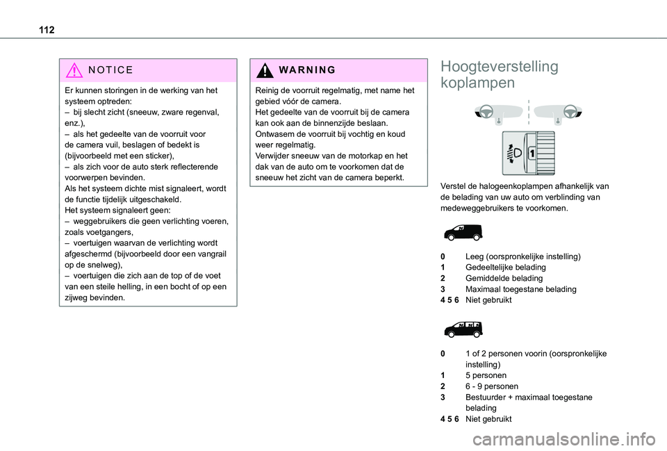 TOYOTA PROACE VERSO EV 2021 Instructieboekje (in Dutch) 11 2
NOTIC E
Er kunnen storingen in de werking van het systeem optreden:– bij slecht zicht (sneeuw, zware regenval, enz.),– als het gedeelte van de voorruit voor de camera vuil, beslagen of bedekt TOYOTA PROACE VERSO EV 2021 Instructieboekje (in Dutch) 11 2
NOTIC E
Er kunnen storingen in de werking van het systeem optreden:– bij slecht zicht (sneeuw, zware regenval, enz.),– als het gedeelte van de voorruit voor de camera vuil, beslagen of bedekt