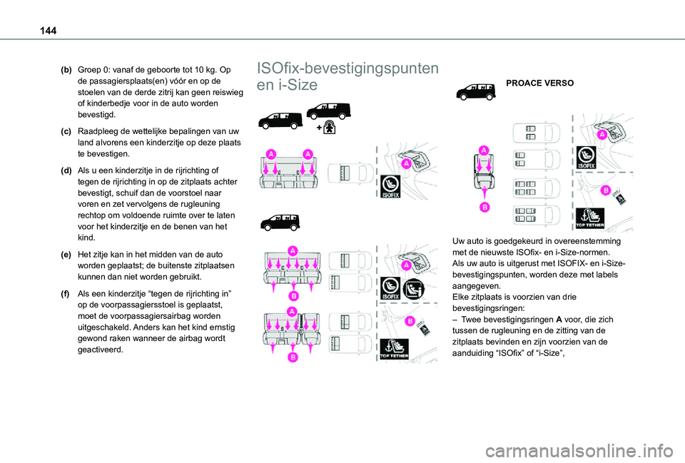 TOYOTA PROACE VERSO EV 2021 Instructieboekje (in Dutch) 144
(b)Groep 0: vanaf de geboorte tot 10 kg. Op de passagiersplaats(en) vóór en op de stoelen van de derde zitrij kan geen reiswieg of kinderbedje voor in de auto worden bevestigd.
(c)Raadpleeg de w TOYOTA PROACE VERSO EV 2021 Instructieboekje (in Dutch) 144
(b)Groep 0: vanaf de geboorte tot 10 kg. Op de passagiersplaats(en) vóór en op de stoelen van de derde zitrij kan geen reiswieg of kinderbedje voor in de auto worden bevestigd.
(c)Raadpleeg de w