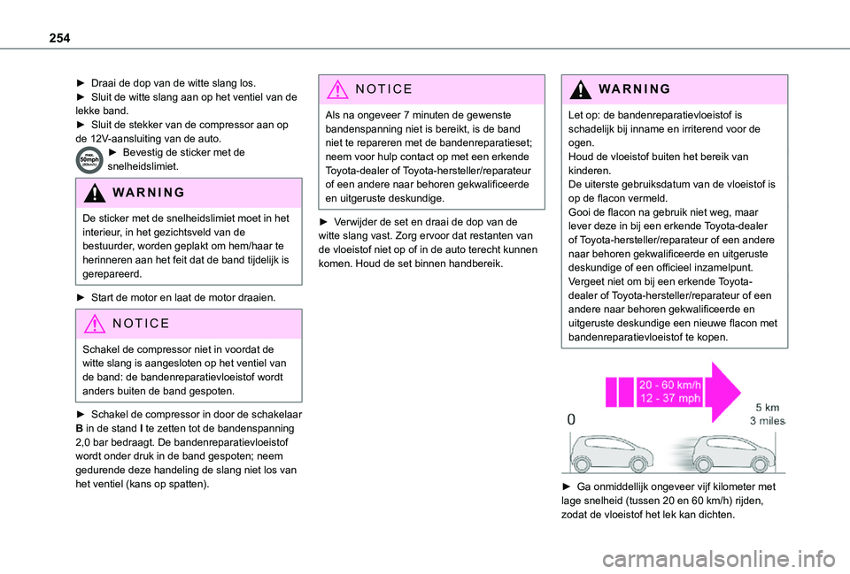 TOYOTA PROACE VERSO EV 2021 Instructieboekje (in Dutch) 254
► Draai de dop van de witte slang los.► Sluit de witte slang aan op het ventiel van de lekke band.► Sluit de stekker van de compressor aan op de 12V-aansluiting van de auto.► Bevestig de s TOYOTA PROACE VERSO EV 2021 Instructieboekje (in Dutch) 254
► Draai de dop van de witte slang los.► Sluit de witte slang aan op het ventiel van de lekke band.► Sluit de stekker van de compressor aan op de 12V-aansluiting van de auto.► Bevestig de s
