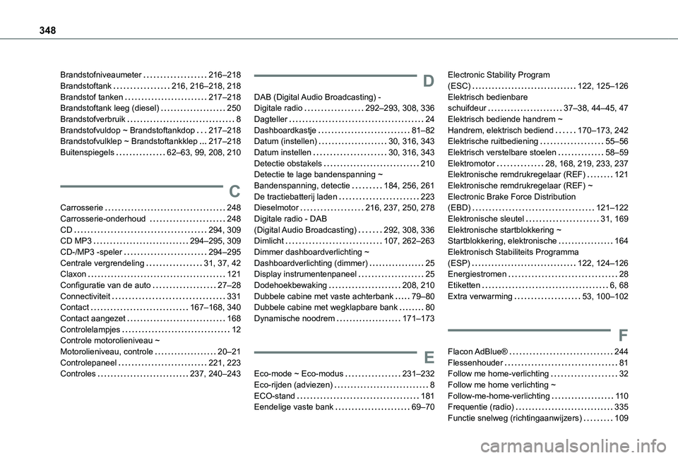 TOYOTA PROACE VERSO EV 2021 Instructieboekje (in Dutch) 348
Brandstofniveaumeter 216–218Brandstoftank 216, 216–218, 218Brandstof tanken 217–218Brandstoftank leeg (diesel) 250Brandstofverbruik 8Brandstofvuldop ~ Brandstoftankdop 217–218B TOYOTA PROACE VERSO EV 2021 Instructieboekje (in Dutch) 348
Brandstofniveaumeter 216–218Brandstoftank 216, 216–218, 218Brandstof tanken 217–218Brandstoftank leeg (diesel) 250Brandstofverbruik 8Brandstofvuldop ~ Brandstoftankdop 217–218B
