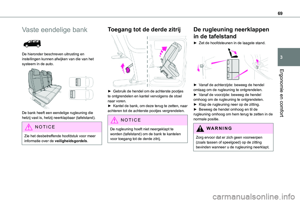 TOYOTA PROACE VERSO EV 2021 Instructieboekje (in Dutch) 69
Ergonomie en comfort
3
Vaste eendelige bank
De hieronder beschreven uitrusting en instellingen kunnen afwijken van die van het systeem in de auto.
De bank heeft een eendelige rugleuning die h TOYOTA PROACE VERSO EV 2021 Instructieboekje (in Dutch) 69
Ergonomie en comfort
3
Vaste eendelige bank
De hieronder beschreven uitrusting en instellingen kunnen afwijken van die van het systeem in de auto.
De bank heeft een eendelige rugleuning die h