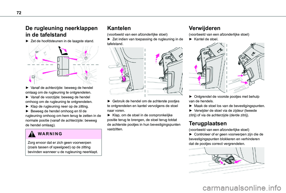 TOYOTA PROACE VERSO EV 2021 Instructieboekje (in Dutch) 72
De rugleuning neerklappen
in de tafelstand
► Zet de hoofdsteunen in de laagste stand.
► Vanaf de achterzijde: beweeg de hendel omlaag om de rugleuning te ontgrendelen.► Vanaf de voorzijde TOYOTA PROACE VERSO EV 2021 Instructieboekje (in Dutch) 72
De rugleuning neerklappen
in de tafelstand
► Zet de hoofdsteunen in de laagste stand.
► Vanaf de achterzijde: beweeg de hendel omlaag om de rugleuning te ontgrendelen.► Vanaf de voorzijde