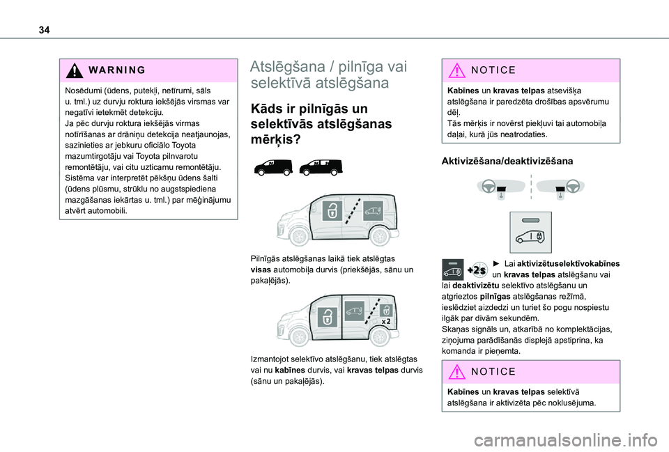 TOYOTA PROACE VERSO EV 2021 Lietošanas Instrukcija (in Latvian) 34
WARNI NG
Nosēdumi (ūdens, putekļi, netīrumi, sāls u. tml.) uz durvju roktura iekšējās virsmas var negatīvi ietekmēt detekciju.Ja pēc durvju roktura iekšējās virmas notīrīšanas ar d TOYOTA PROACE VERSO EV 2021 Lietošanas Instrukcija (in Latvian) 34
WARNI NG
Nosēdumi (ūdens, putekļi, netīrumi, sāls u. tml.) uz durvju roktura iekšējās virsmas var negatīvi ietekmēt detekciju.Ja pēc durvju roktura iekšējās virmas notīrīšanas ar d
