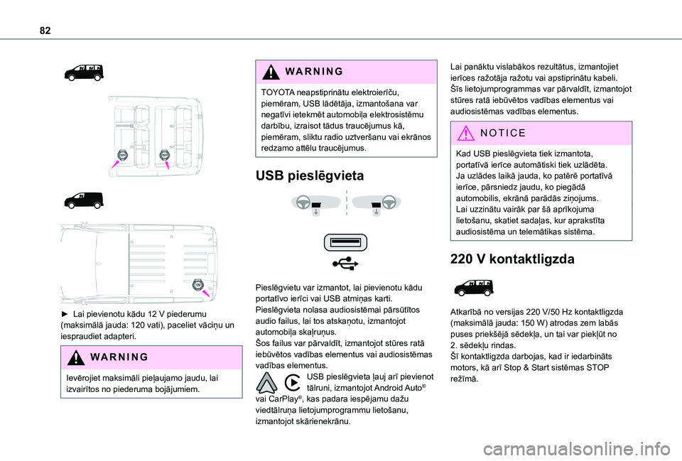 TOYOTA PROACE VERSO EV 2021 Lietošanas Instrukcija (in Latvian) 82
► Lai pievienotu kādu 12 V piederumu
(maksimālā jauda: 120 vati), paceliet vāciņu un iespraudiet adapteri.
WARNI NG
Ievērojiet maksimāli pieļaujamo jaudu, lai izvairītos no p TOYOTA PROACE VERSO EV 2021 Lietošanas Instrukcija (in Latvian) 82
► Lai pievienotu kādu 12 V piederumu
(maksimālā jauda: 120 vati), paceliet vāciņu un iespraudiet adapteri.
WARNI NG
Ievērojiet maksimāli pieļaujamo jaudu, lai izvairītos no p