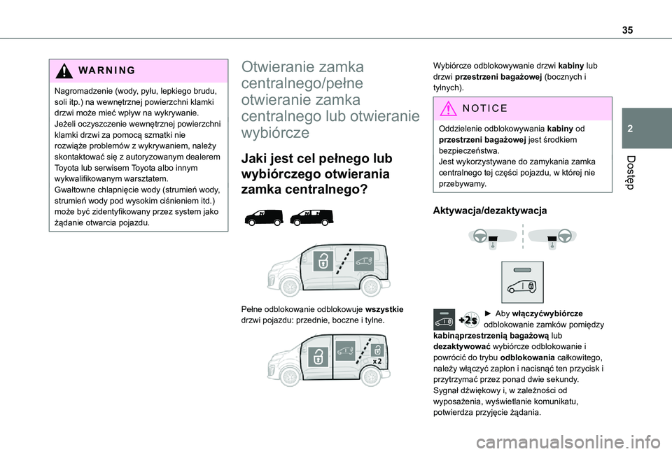 TOYOTA PROACE VERSO EV 2021 Instrukcja obsługi (in Polish) 35
Dostęp
2
WARNI NG
Nagromadzenie (wody, pyłu, lepkiego brudu, soli itp.) na wewnętrznej powierzchni klamki drzwi może mieć wpływ na wykrywanie.Jeżeli oczyszczenie wewnętrznej powierzchni kla TOYOTA PROACE VERSO EV 2021 Instrukcja obsługi (in Polish) 35
Dostęp
2
WARNI NG
Nagromadzenie (wody, pyłu, lepkiego brudu, soli itp.) na wewnętrznej powierzchni klamki drzwi może mieć wpływ na wykrywanie.Jeżeli oczyszczenie wewnętrznej powierzchni kla