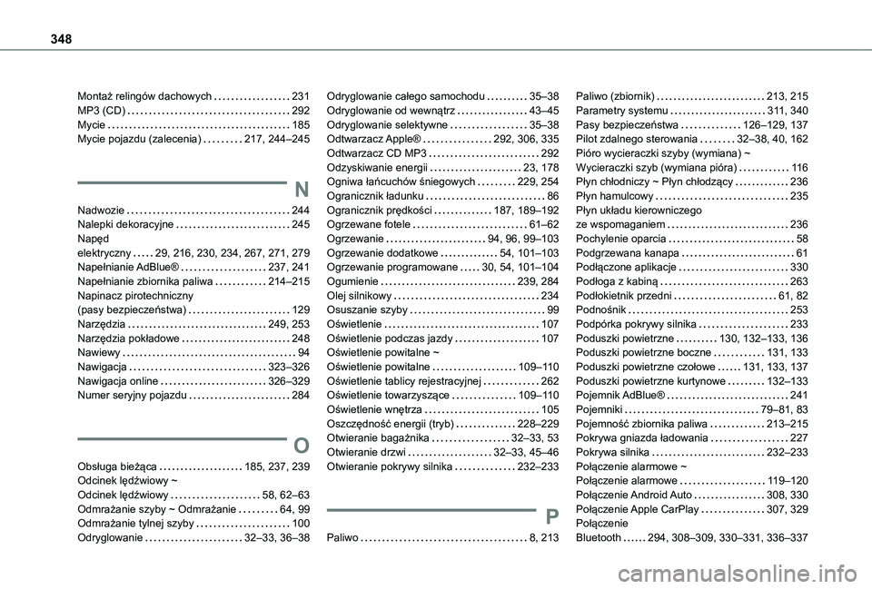 TOYOTA PROACE VERSO EV 2021 Instrukcja obsługi (in Polish) 348
Montaż relingów dachowych 231MP3 (CD) 292Mycie 185Mycie pojazdu (zalecenia) 217, 244–245
N
Nadwozie 244Nalepki dekoracyjne 245Napęd elektryczny 29, 216, 230, 234, 267, 271, 279 TOYOTA PROACE VERSO EV 2021 Instrukcja obsługi (in Polish) 348
Montaż relingów dachowych 231MP3 (CD) 292Mycie 185Mycie pojazdu (zalecenia) 217, 244–245
N
Nadwozie 244Nalepki dekoracyjne 245Napęd elektryczny 29, 216, 230, 234, 267, 271, 279