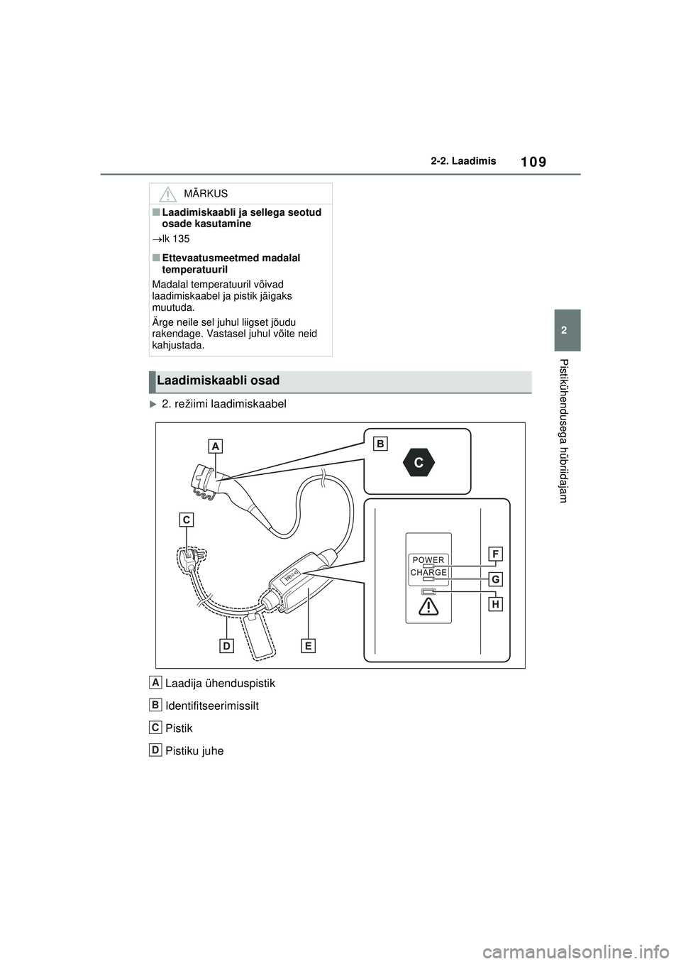 TOYOTA RAV4 PHEV 2021  Kasutusjuhend (in Estonian) 109
2
2-2. Laadimis
Pistikühendusega hübriidajam
�X2. režiimi laadimiskaabel
Laadija ühenduspistik
Identifitseerimissilt
Pistik
Pistiku juhe
MÄRKUS
■Laadimiskaabli ja sellega seotud 
osade kasu