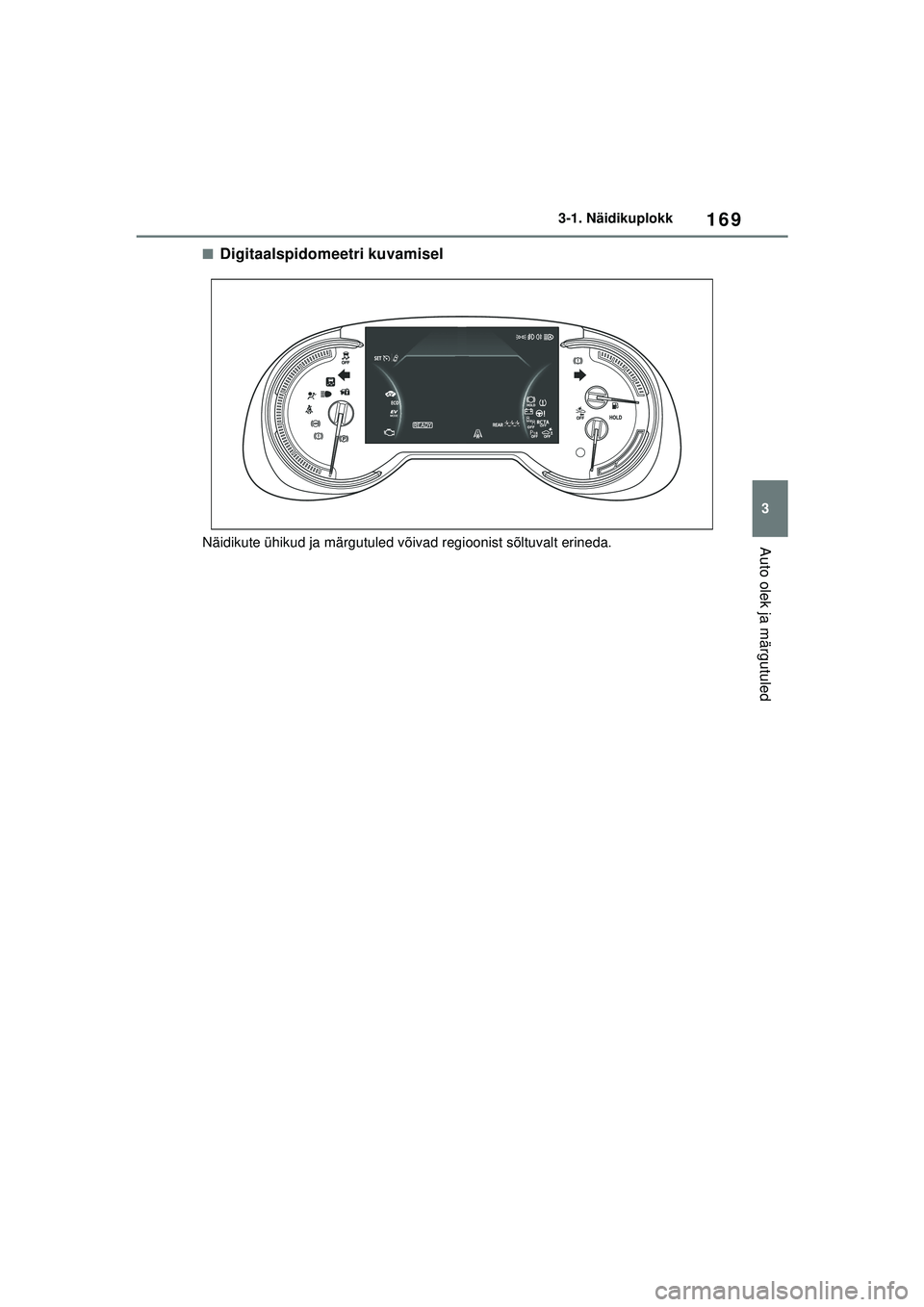 TOYOTA RAV4 PHEV 2021  Kasutusjuhend (in Estonian) 169
3
3-1. Näidikuplokk
Auto olek ja märgutuled
■Digitaalspidomeetri kuvamisel
Näidikute ühikud ja märgutuled võivad regioonist sõltuvalt erineda.
pM_RAV4-Plug-in-Hybrid_OM_OM42E06E_(EE).book