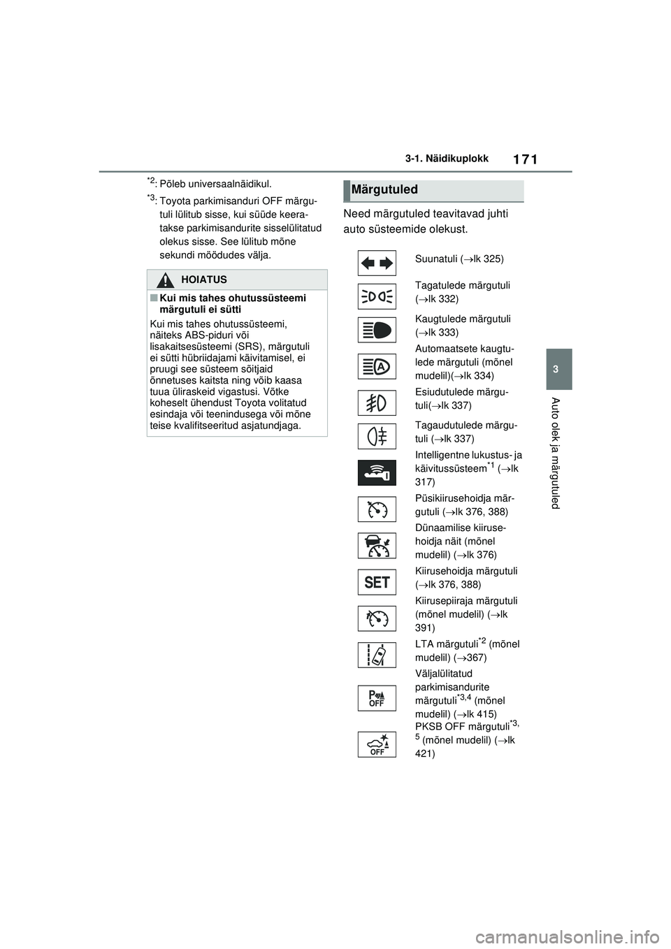 TOYOTA RAV4 PHEV 2021  Kasutusjuhend (in Estonian) 171
3
3-1. Näidikuplokk
Auto olek ja märgutuled
*2: Põleb universaalnäidikul.
*3: Toyota parkimisanduri OFF märgu-
tuli lülitub sisse, kui süüde keera-
takse parkimisandurite sisselülitatud 
