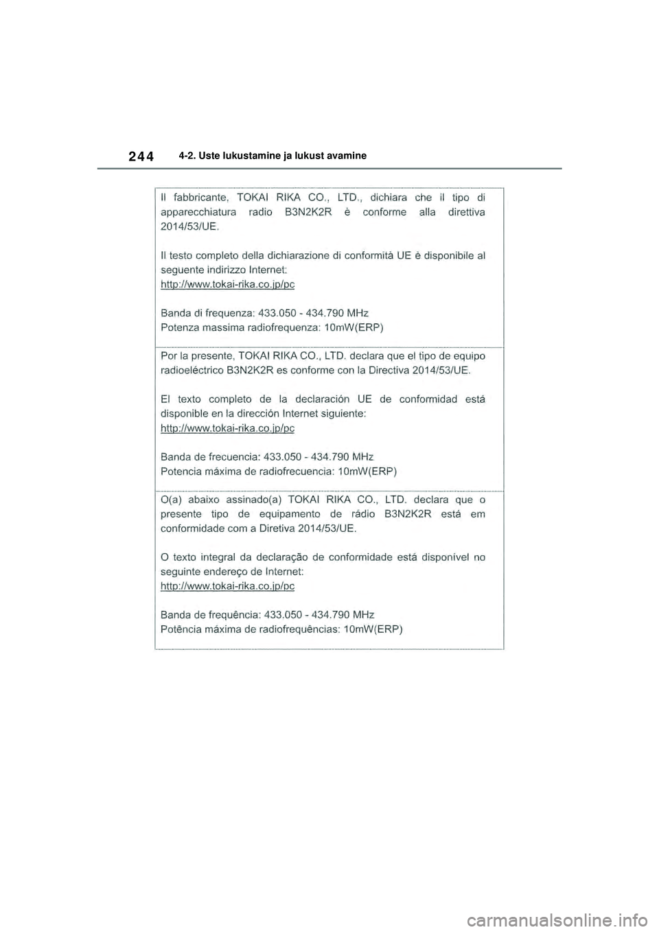 TOYOTA RAV4 PHEV 2021  Kasutusjuhend (in Estonian) 2444-2. Uste lukustamine ja lukust avamine
pM_RAV4-Plug-in-Hybrid_OM_OM42E06E_(EE).book  Page 244  Sunday, February 28, 2021  10:52 AM 