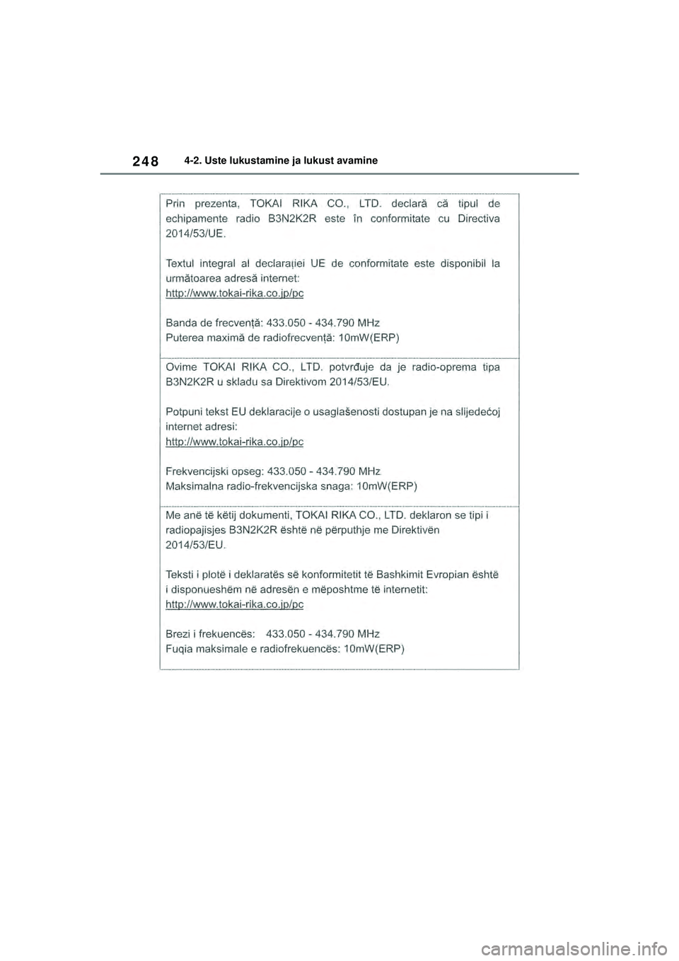 TOYOTA RAV4 PHEV 2021  Kasutusjuhend (in Estonian) 2484-2. Uste lukustamine ja lukust avamine
pM_RAV4-Plug-in-Hybrid_OM_OM42E06E_(EE).book  Page 248  Sunday, February 28, 2021  10:52 AM 