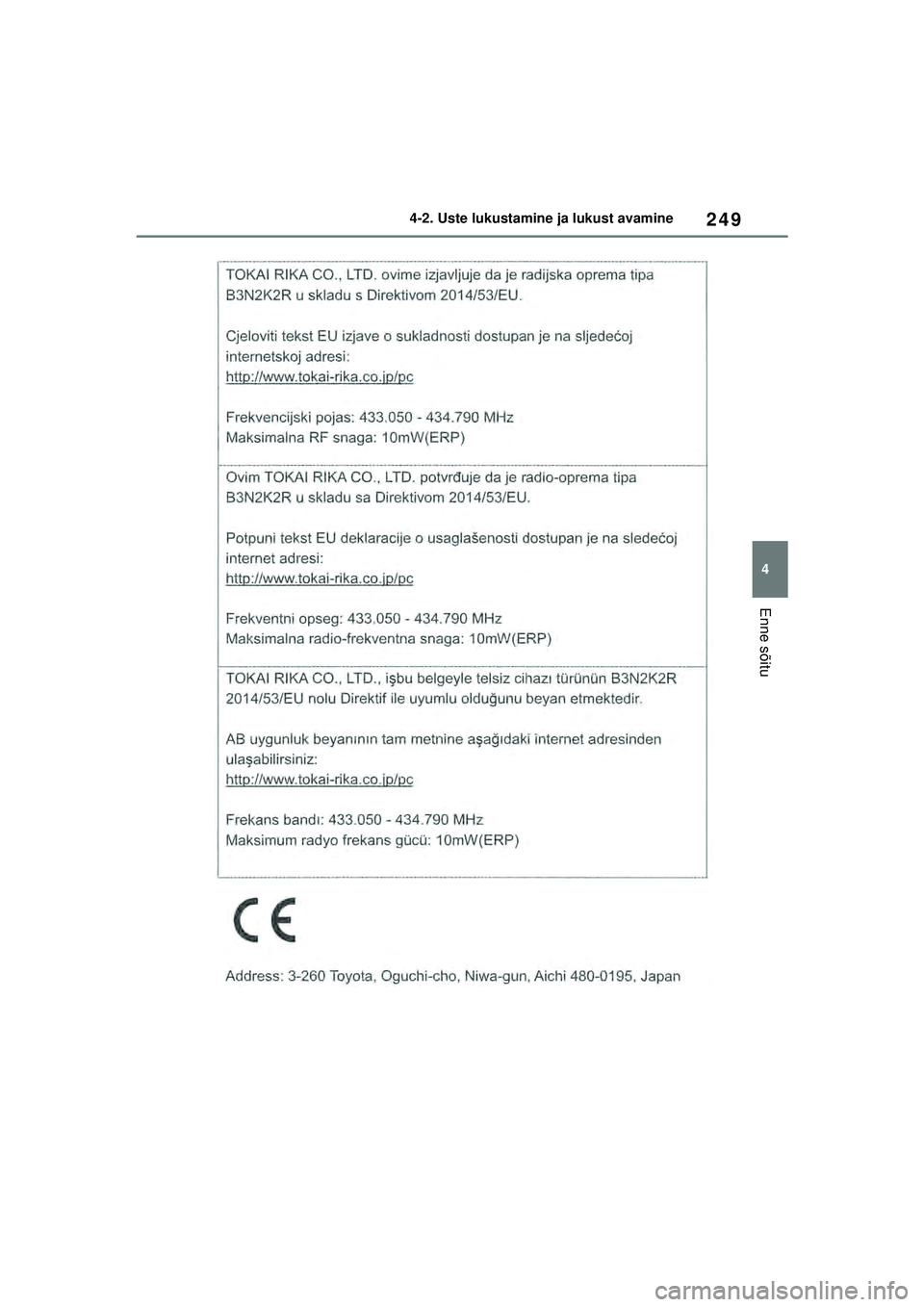 TOYOTA RAV4 PHEV 2021  Kasutusjuhend (in Estonian) 249
4
4-2. Uste lukustamine ja lukust avamine
Enne sõitu
pM_RAV4-Plug-in-Hybrid_OM_OM42E06E_(EE).book  Page 249  Sunday, February 28, 2021  10:52 AM 