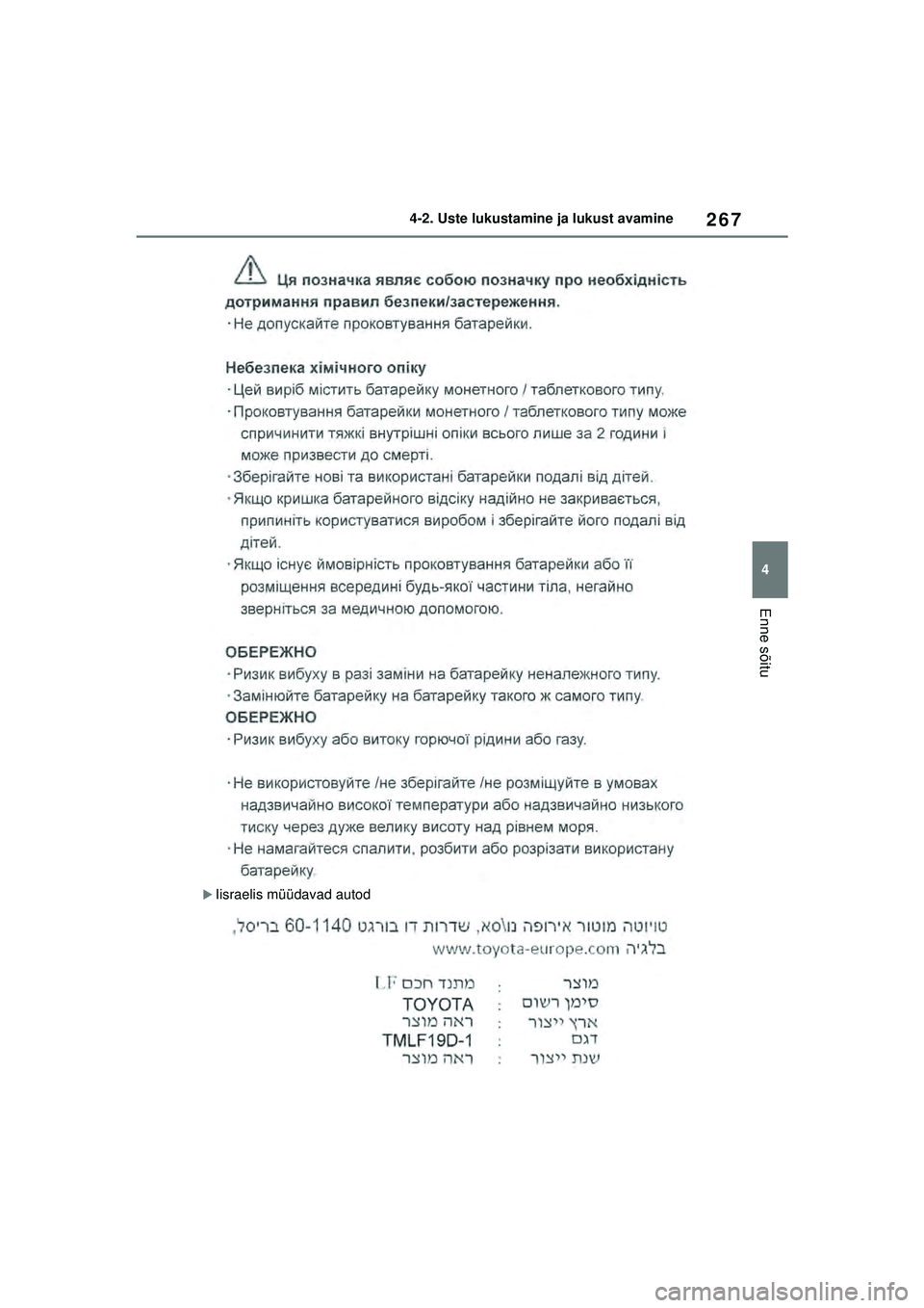 TOYOTA RAV4 PHEV 2021  Kasutusjuhend (in Estonian) 267
4
4-2. Uste lukustamine ja lukust avamine
Enne sõitu
�XIisraelis müüdavad autod
pM_RAV4-Plug-in-Hybrid_OM_OM42E06E_(EE).book  Page 267  Sunday, February 28, 2021  10:52 AM 