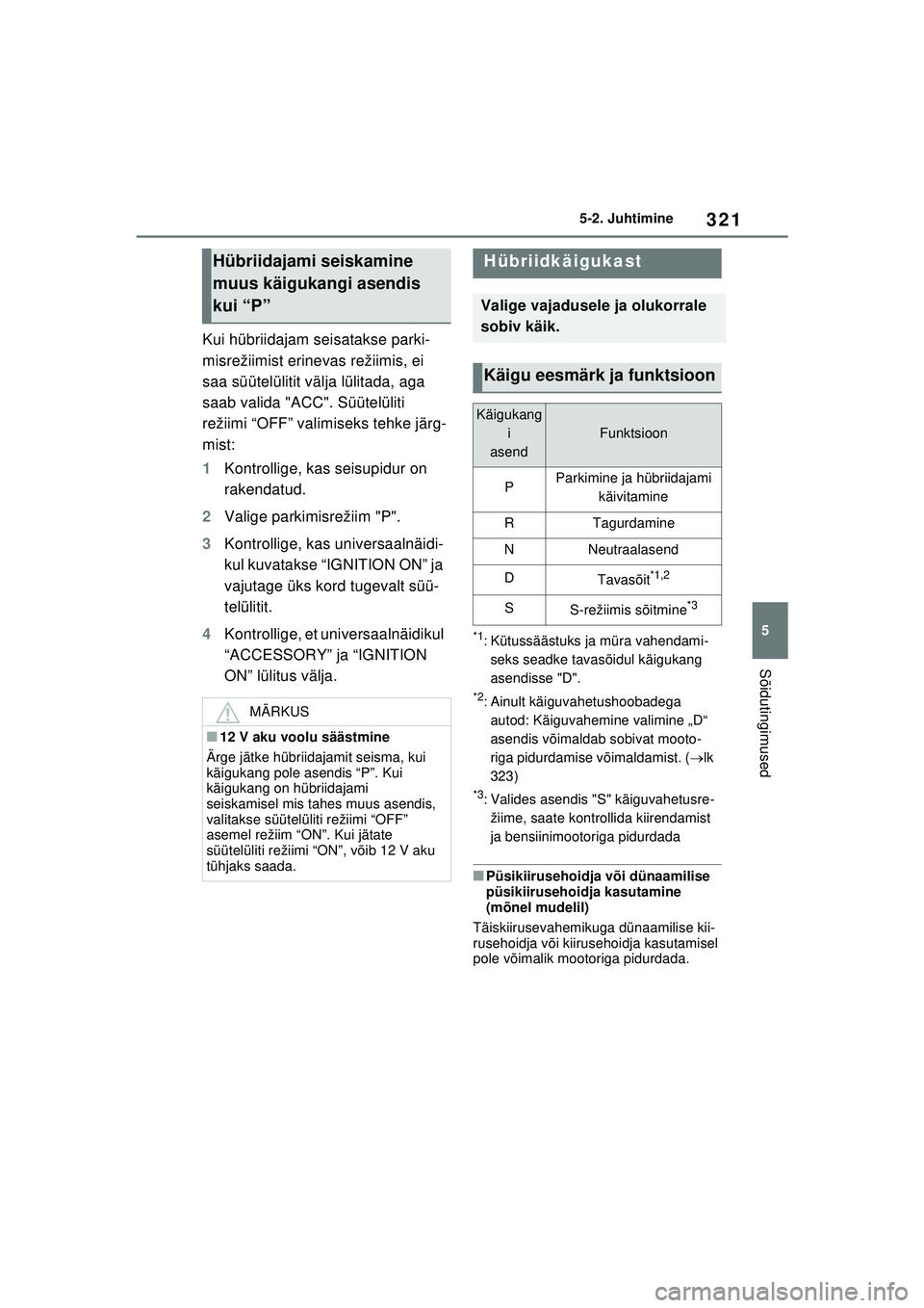 TOYOTA RAV4 PHEV 2021 Kasutusjuhend (in Estonian) 321
5
5-2. Juhtimine
Sõidutingimused
Kui hübriidajam seisatakse parki-
misrežiimist erinevas režiimis, ei
saa süütelülitit välja lülitada, aga
saab valida "ACC". Süütelüliti
režiimi TOYOTA RAV4 PHEV 2021 Kasutusjuhend (in Estonian) 321
5
5-2. Juhtimine
Sõidutingimused
Kui hübriidajam seisatakse parki-
misrežiimist erinevas režiimis, ei
saa süütelülitit välja lülitada, aga
saab valida "ACC". Süütelüliti
režiimi