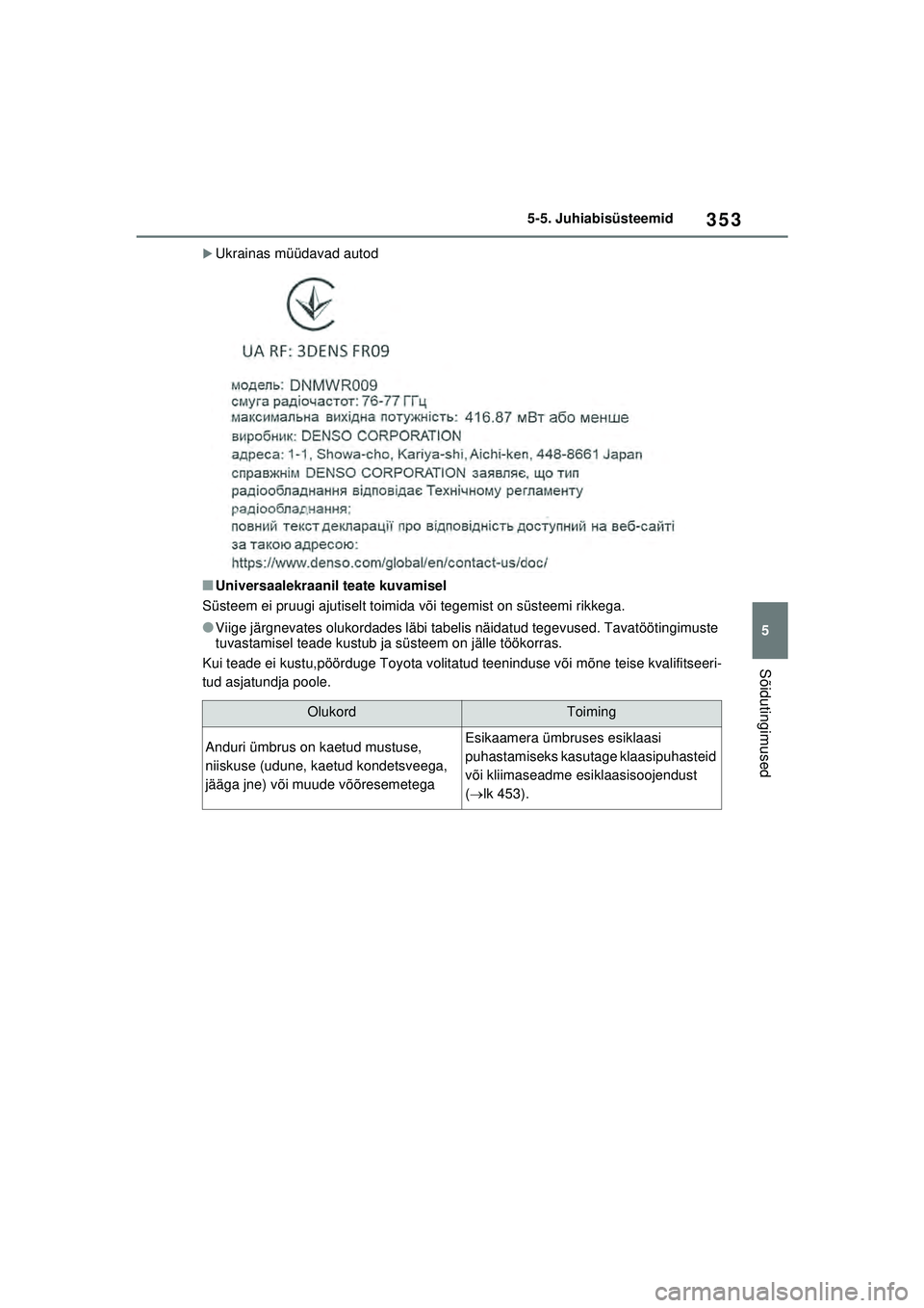 TOYOTA RAV4 PHEV 2021  Kasutusjuhend (in Estonian) 353
5
5-5. Juhiabisüsteemid
Sõidutingimused
�XUkrainas müüdavad autod
■Universaalekraanil teate kuvamisel
Süsteem ei pruugi ajutiselt toimida või tegemist on süsteemi rikkega.
●Viige järgn