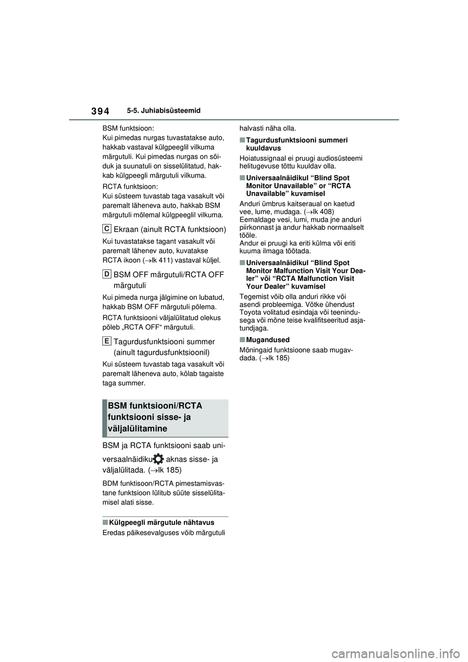 TOYOTA RAV4 PHEV 2021 Kasutusjuhend (in Estonian) 3945-5. Juhiabisüsteemid
BSM funktsioon:
Kui pimedas nurgas tuvastatakse auto,
hakkab vastaval külgpeeglil vilkuma
märgutuli. Kui pimedas nurgas on sõi-
duk ja suunatuli on sisselülitatud, hak- TOYOTA RAV4 PHEV 2021 Kasutusjuhend (in Estonian) 3945-5. Juhiabisüsteemid
BSM funktsioon:
Kui pimedas nurgas tuvastatakse auto,
hakkab vastaval külgpeeglil vilkuma
märgutuli. Kui pimedas nurgas on sõi-
duk ja suunatuli on sisselülitatud, hak-