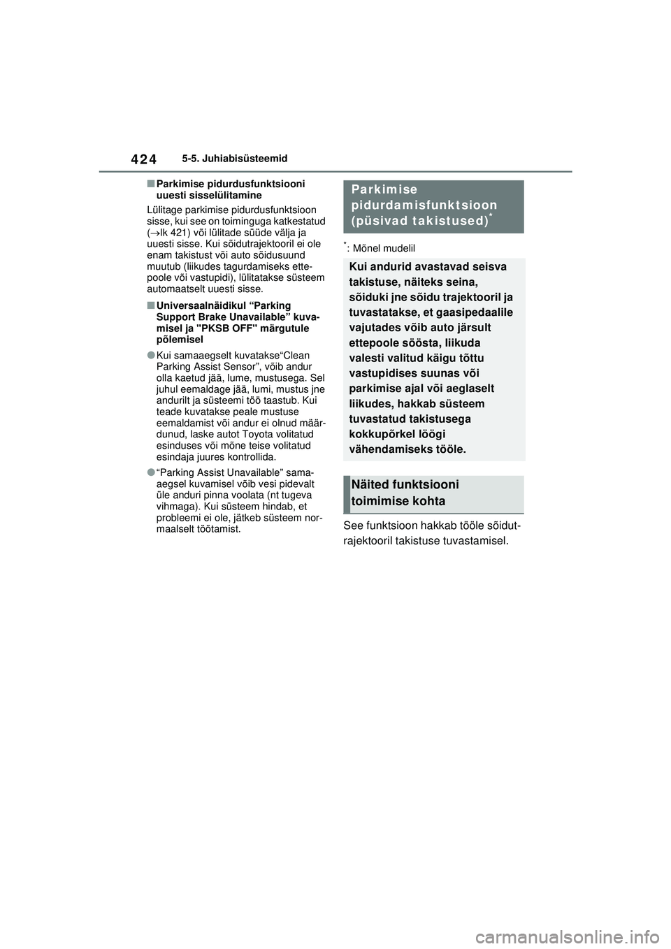 TOYOTA RAV4 PHEV 2021 Kasutusjuhend (in Estonian) 4245-5. Juhiabisüsteemid
■Parkimise pidurdusfunktsiooni
uuesti sisselülitamine
Lülitage parkimise pidurdusfunktsioon
sisse, kui see on toiminguga katkestatud
( lk 421) või lülitade süü TOYOTA RAV4 PHEV 2021 Kasutusjuhend (in Estonian) 4245-5. Juhiabisüsteemid
■Parkimise pidurdusfunktsiooni
uuesti sisselülitamine
Lülitage parkimise pidurdusfunktsioon
sisse, kui see on toiminguga katkestatud
( lk 421) või lülitade süü