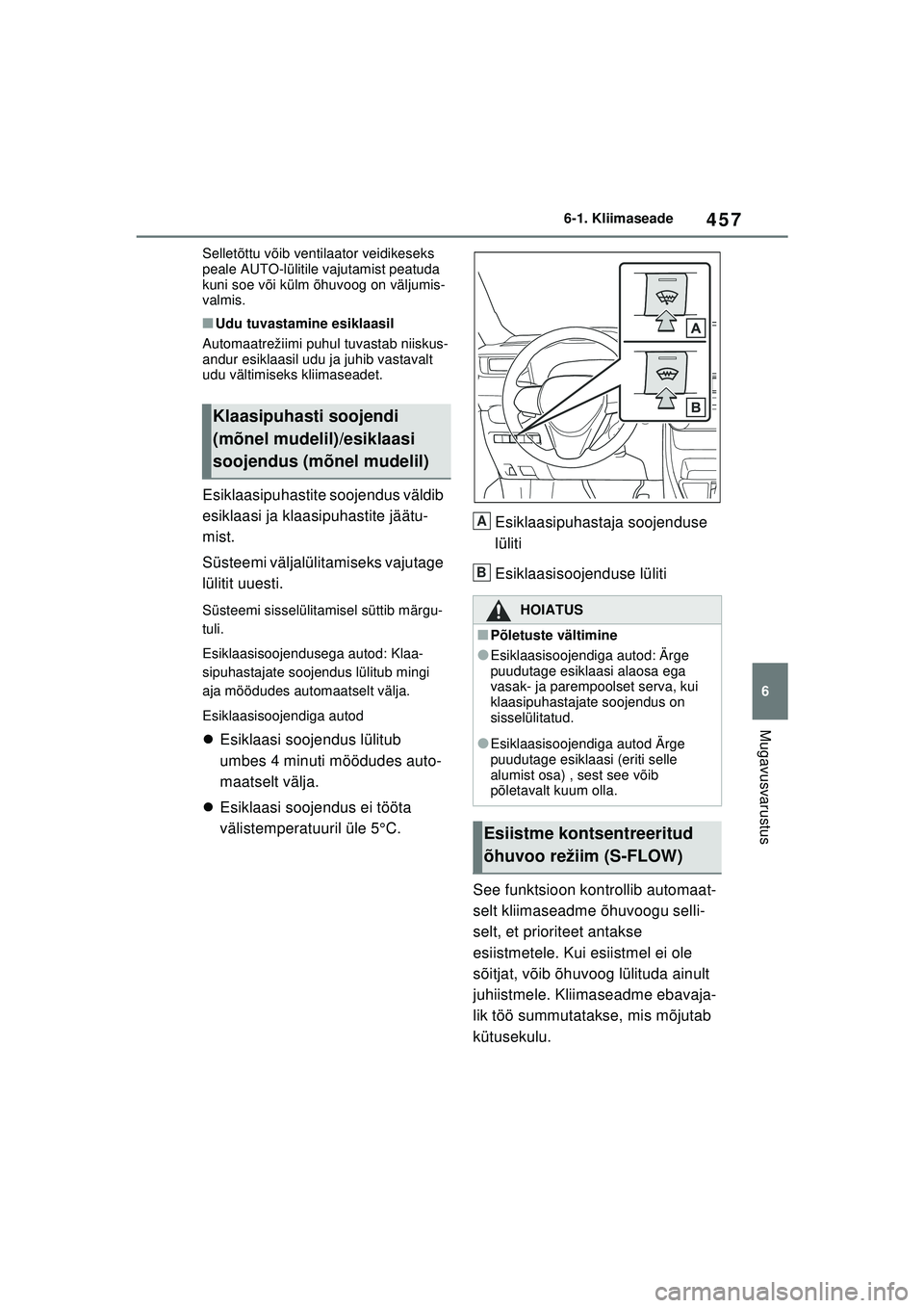 TOYOTA RAV4 PHEV 2021 Kasutusjuhend (in Estonian) 457
6
6-1. Kliimaseade
Mugavusvarustus
Selletõttu võib ventilaator veidikeseks
peale AUTO-lülitile vajutamist peatuda
kuni soe või külm õhuvoog on väljumis-
valmis.
■Udu tuvastamine esiklaa TOYOTA RAV4 PHEV 2021 Kasutusjuhend (in Estonian) 457
6
6-1. Kliimaseade
Mugavusvarustus
Selletõttu võib ventilaator veidikeseks
peale AUTO-lülitile vajutamist peatuda
kuni soe või külm õhuvoog on väljumis-
valmis.
■Udu tuvastamine esiklaa