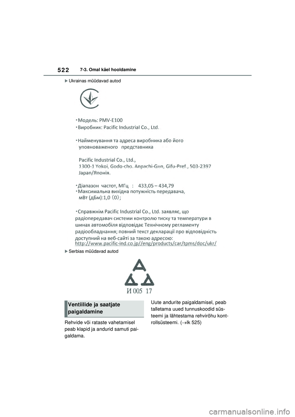 TOYOTA RAV4 PHEV 2021  Kasutusjuhend (in Estonian) 5227-3. Omal käel hooldamine
�XUkrainas müüdavad autod
�XSerbias müüdavad autod
Rehvide või rataste vahetamisel 
peab klapid ja andurid samuti pai-
galdama.Uute andurite paigaldamisel, peab 
tal
